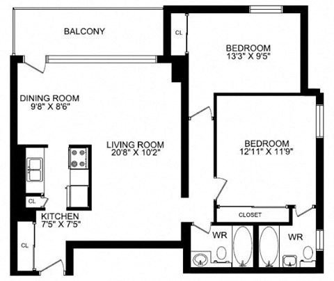Floor plan for 2 beds, 2 baths, 1012 sqft